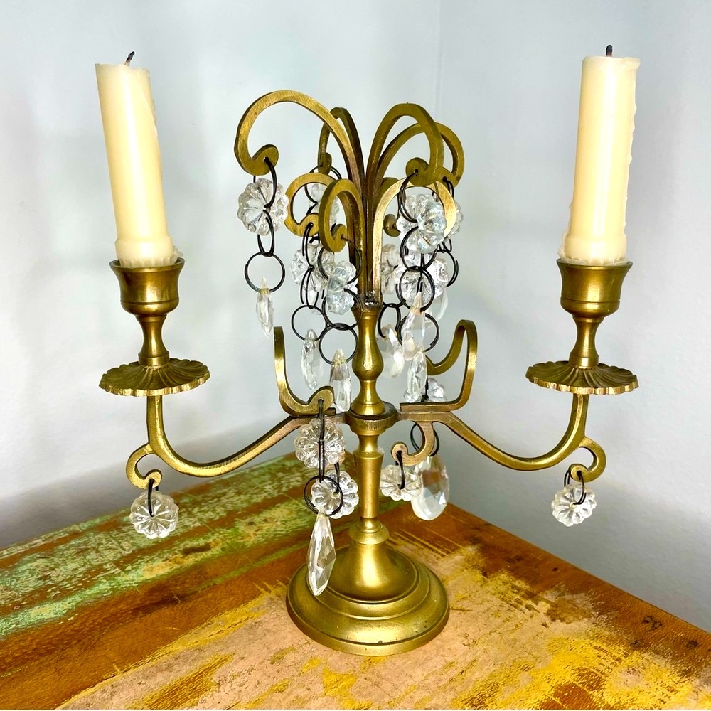 Brass Candelabra with Crystal Accents